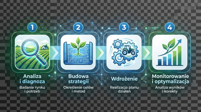 Infografika pokazująca cztery etapy strategii rozwoju gospodarstwa: analizę, budowę strategii, wdrożenie oraz monitorowanie.