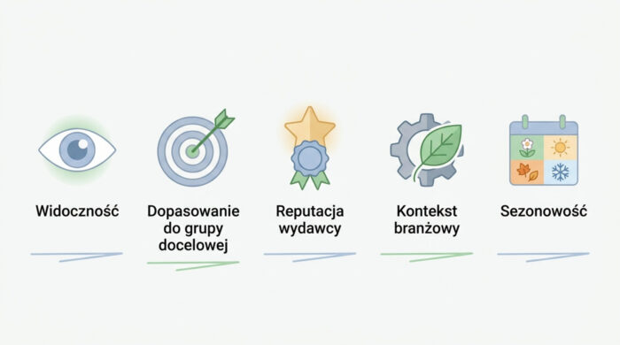 Infografika przedstawia pięć czynników wyboru powierzchni reklamowej: widoczność, dopasowanie do grupy docelowej, reputację wydawcy, kontekst branżowy i sezonowość.