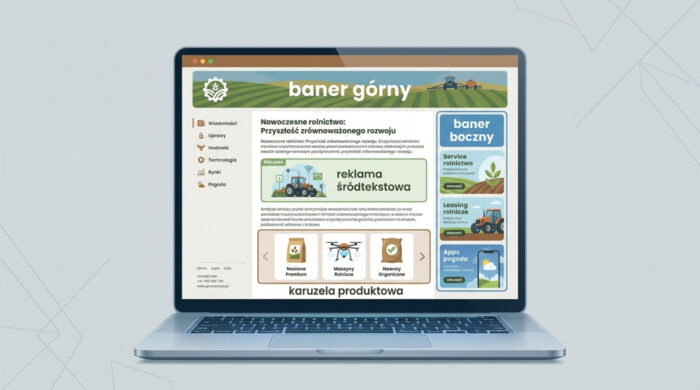 Laptop z makietą portalu rolniczego pokazującą baner górny, baner boczny, reklamę śródtekstową i karuzelę produktową.