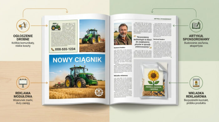 Otwarty magazyn rolniczy pokazuje przykłady reklamy modułowej, ogłoszenia drobnego, artykułu sponsorowanego i wkładki reklamowej.