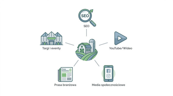 Schemat przedstawiający kanały promocji gospodarstwa rolnego, takie jak SEO, YouTube, media społecznościowe, prasa branżowa oraz targi.