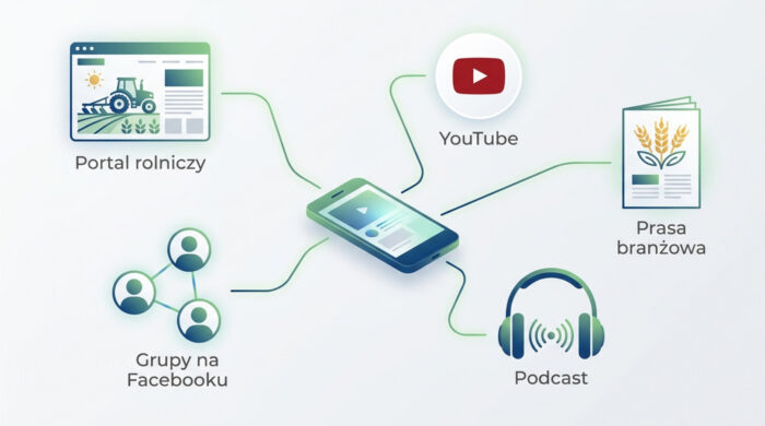Schemat źródeł informacji rolniczej obejmujący portal rolniczy, YouTube, prasę branżową, podcast i grupy na Facebooku